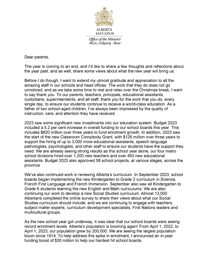 Holiday Greetings from Minister Nicolaides