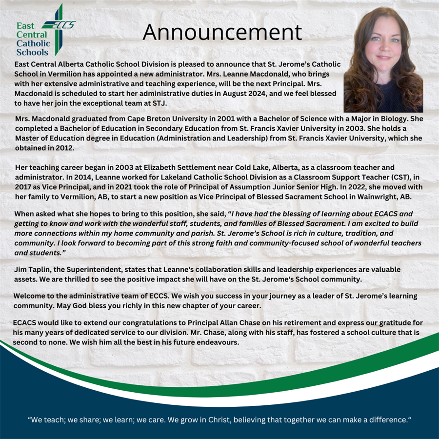 St. Jerome's School Principal Announcement